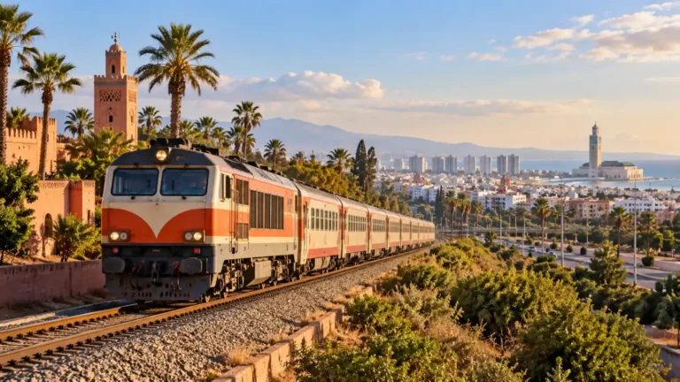 Passenger train traveling from Marrakech to Casablanca in Morocco