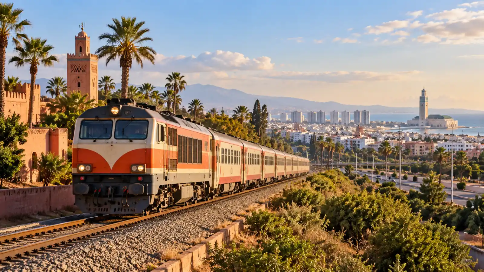 Passenger train traveling from Marrakech to Casablanca in Morocco