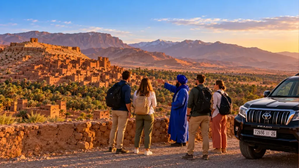 Travelers with local guide and Toyota Prado overlooking Ait Ben Haddou on a Marrakech to Fes desert tour