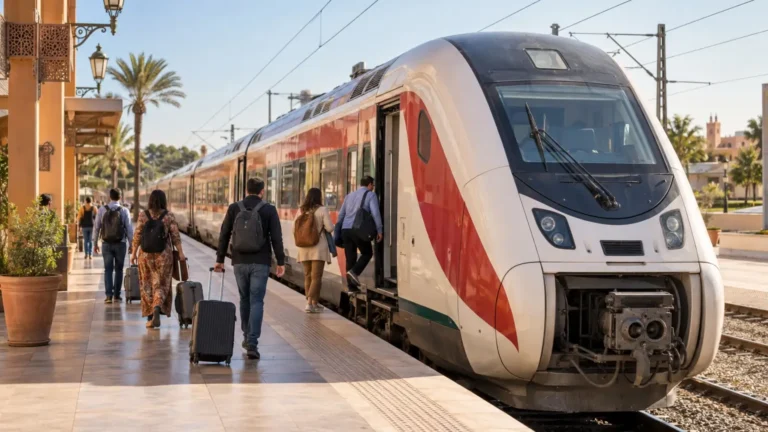 Travelers boarding a modern train for the journey from Marrakech to Fes