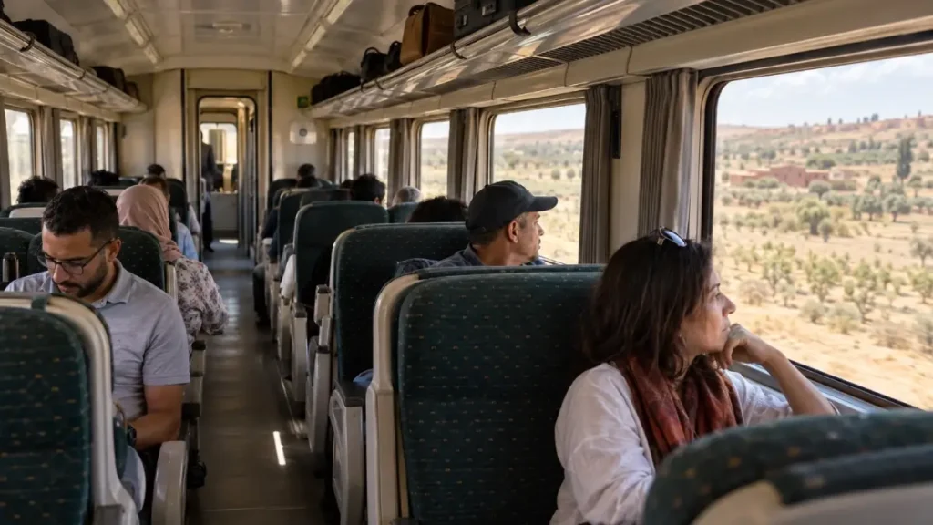 Passengers inside a Marrakech to Fes train with luggage stored overhead