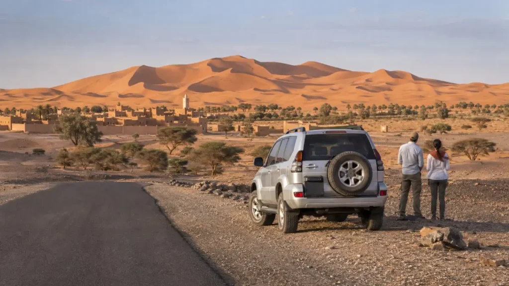 Travelers overlooking the Erg Chebbi dunes during a Marrakech to Fes desert route