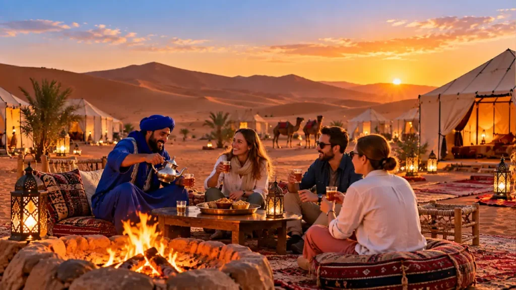 Travelers having mint tea at a Merzouga desert camp during a Marrakech to Fes desert tour