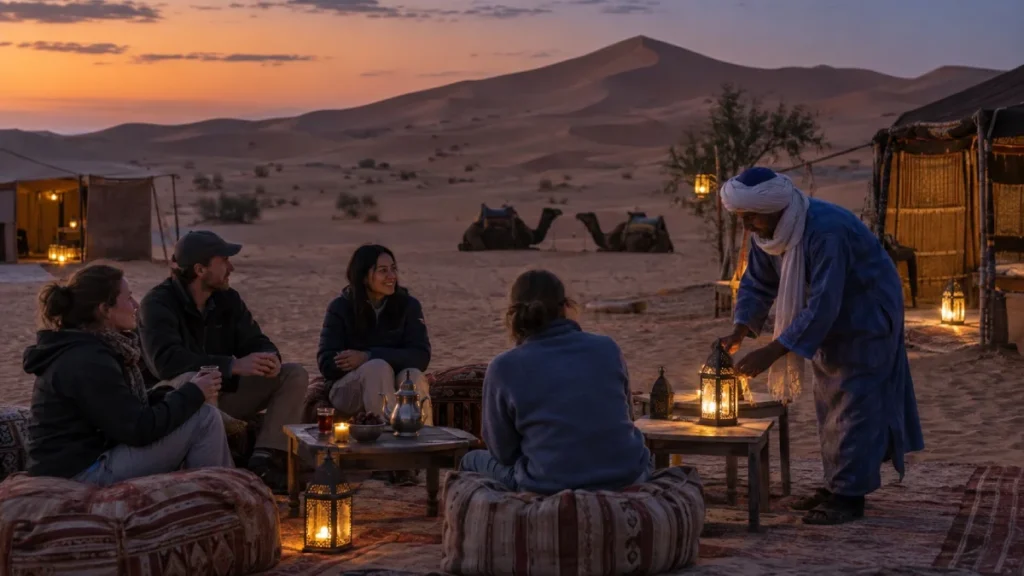 Travellers wearing warm layers at a Merzouga desert camp on an October evening