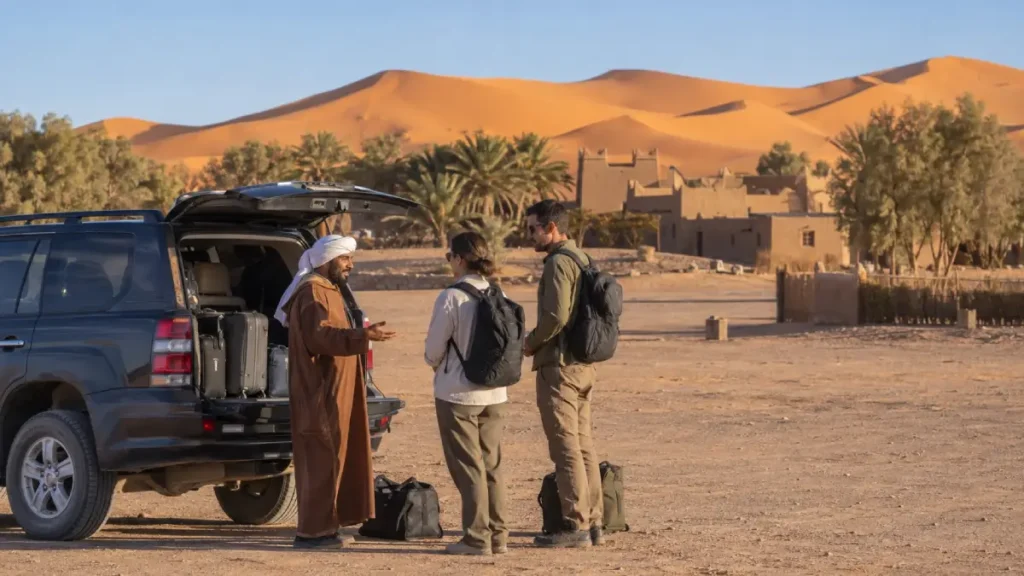 Travelers arranging a desert camp transfer near the Merzouga dunes