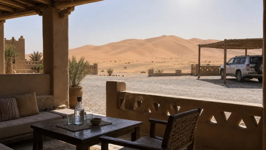 Shaded desert accommodation overlooking the Erg Chebbi dunes during the July heat