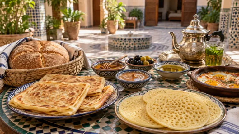 Traditional Moroccan breakfast with msemen, baghrir, khobz, amlou, eggs and mint tea