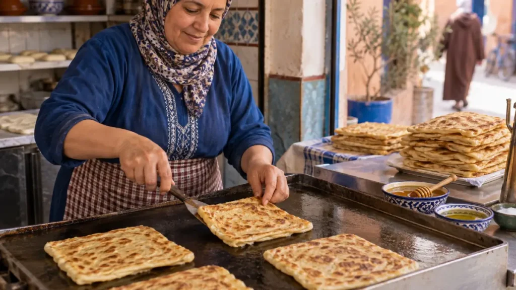 Moroccan woman cooking fresh msemen on a street-food griddle