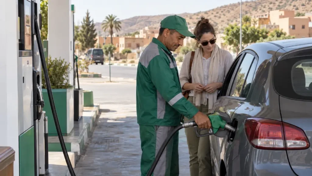 Fuel attendant refilling a rental car at a station in Morocco