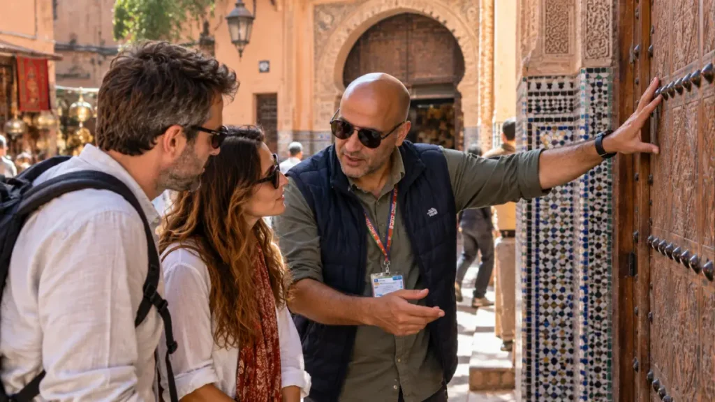 Moroccan licensed guide explaining historic architecture to two travelers in a medina
