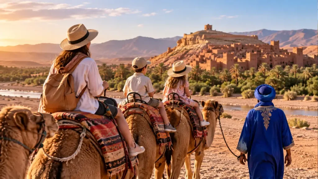 Family with children riding camels in the Moroccan desert with a local guide
