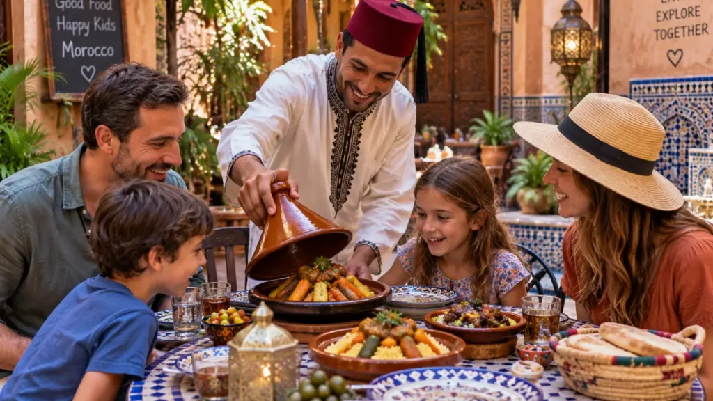 Family with children enjoying a Moroccan tagine meal in a traditional riad