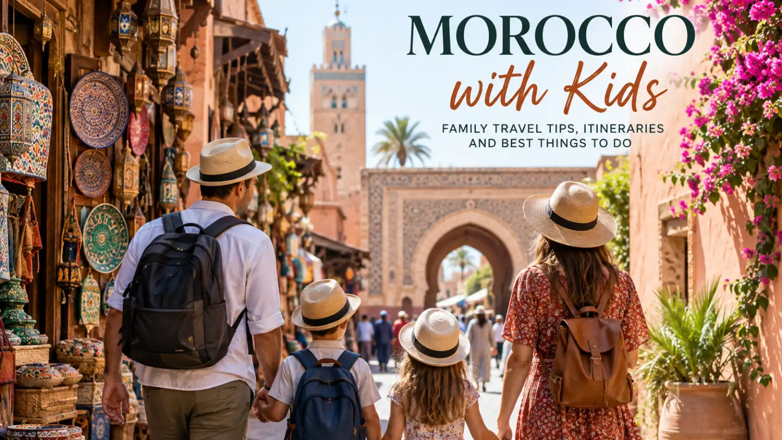 Family with children walking through a Moroccan medina on vacation