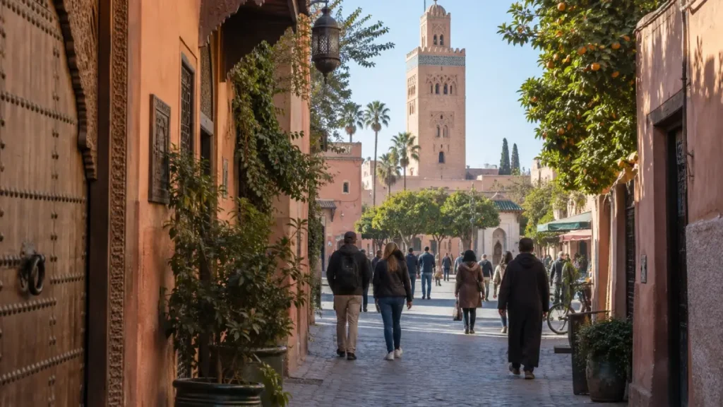 Visitors exploring Marrakech in mild February sunshine