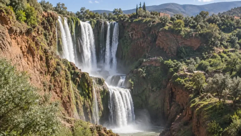 Ouzoud Waterfalls surrounded by green spring vegetation in April