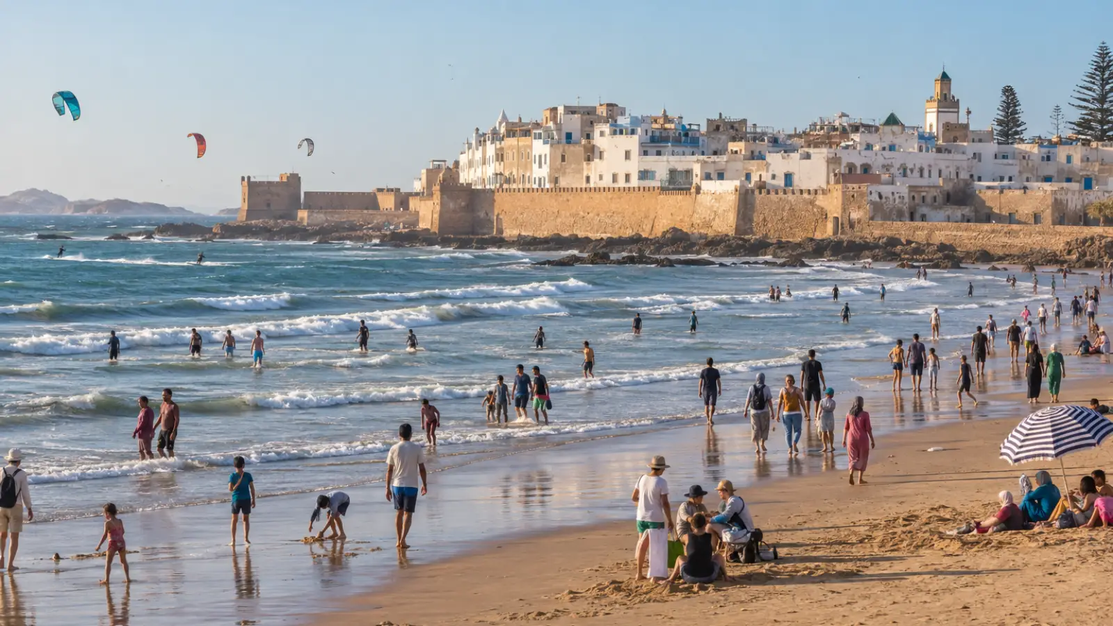 Families and travellers enjoying Essaouira beach during a windy August afternoon