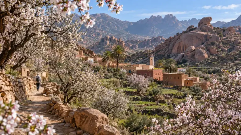 Almond trees flowering near Tafraoute in Morocco in February