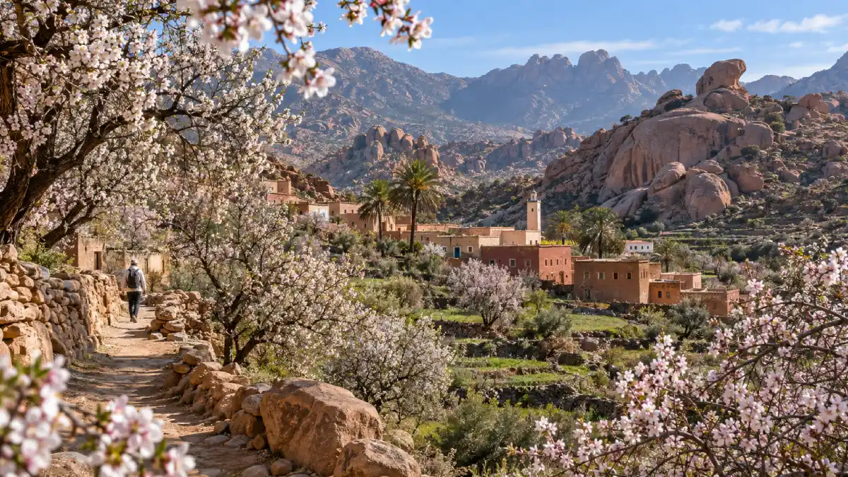 Almond trees flowering near Tafraoute in Morocco in February
