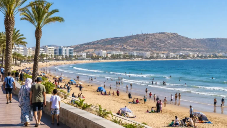 Families and travellers enjoying Agadir’s Atlantic beach and promenade in July