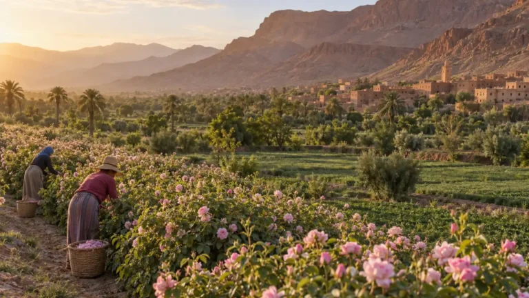 Workers gathering damask roses in Morocco’s Valley of Roses near Kelaat M’Gouna in May