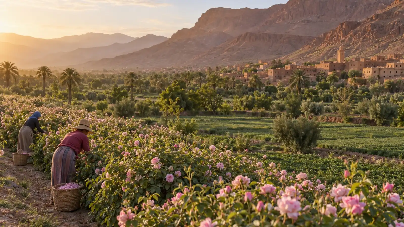 Workers gathering damask roses in Morocco’s Valley of Roses near Kelaat M’Gouna in May