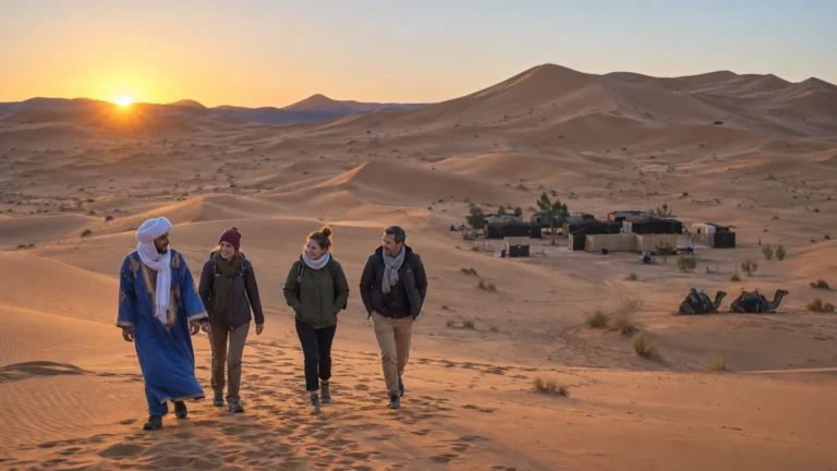 Travellers wearing warm layers in the Erg Chebbi dunes near Merzouga at sunrise in November