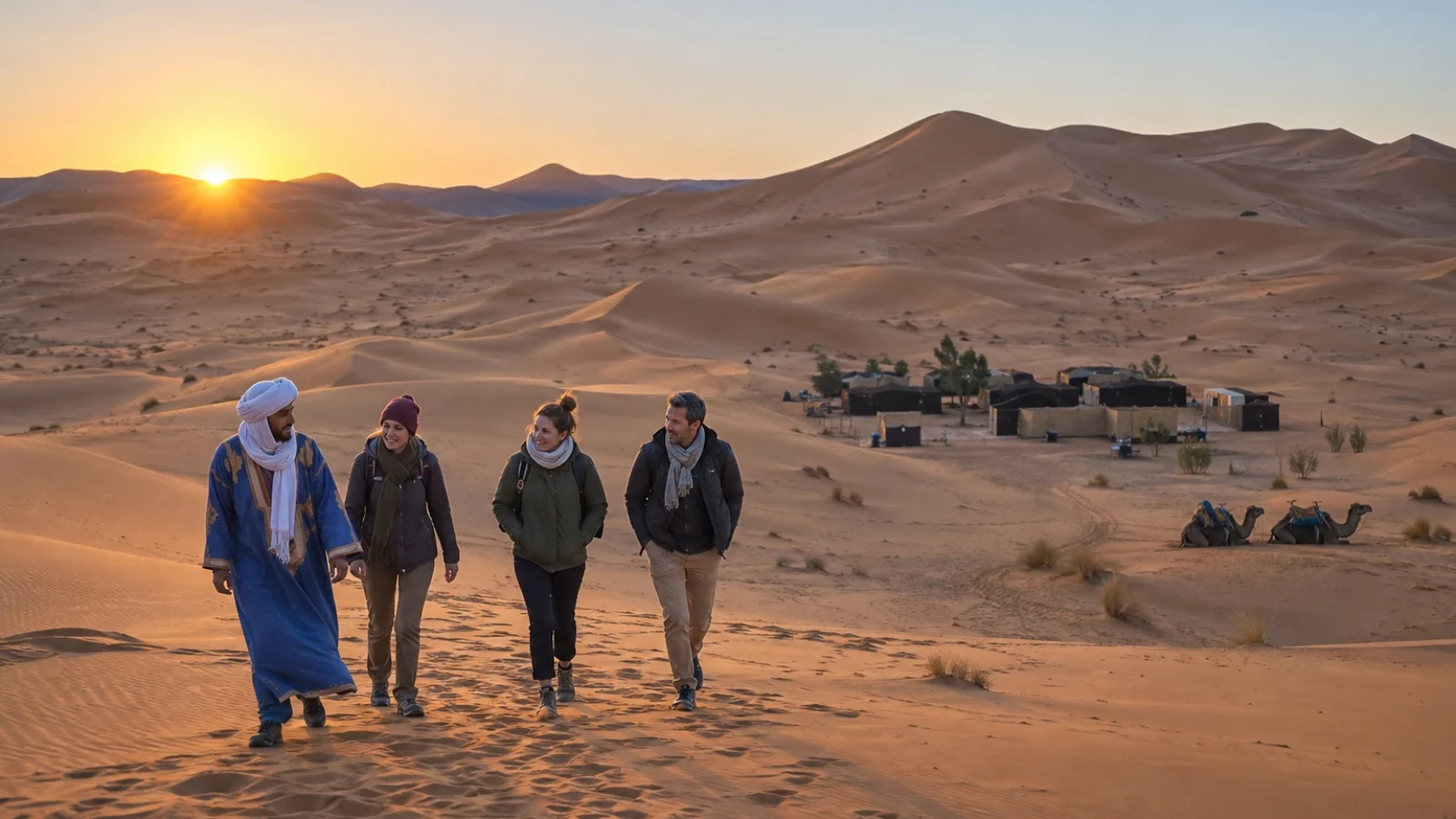 Travellers wearing warm layers in the Erg Chebbi dunes near Merzouga at sunrise in November