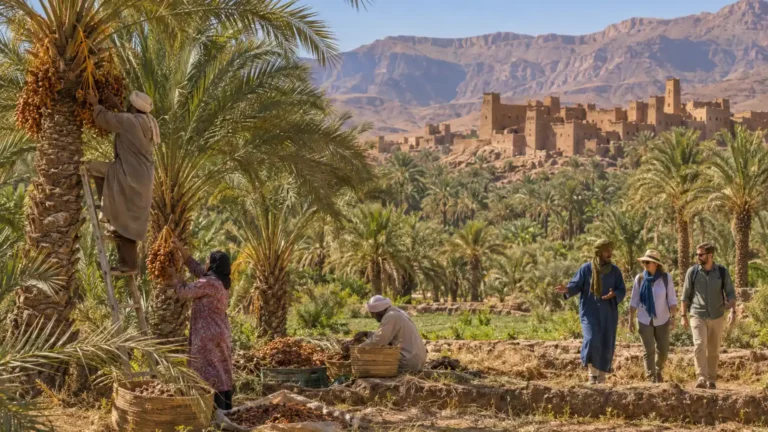 Date harvesting in a Draa Valley palm grove during October in Morocco