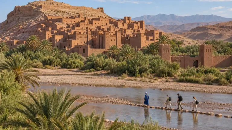 Travellers crossing the shallow river towards Aït Benhaddou on a warm September morning