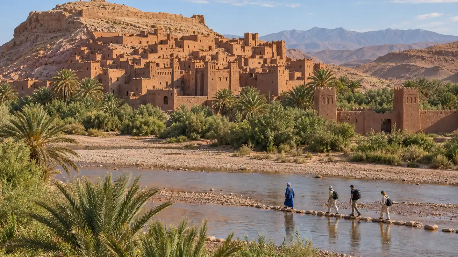 Travellers crossing the shallow river towards Aït Benhaddou on a warm September morning