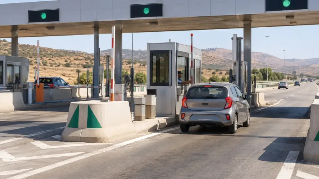 Rental car passing through a motorway toll booth in Morocco