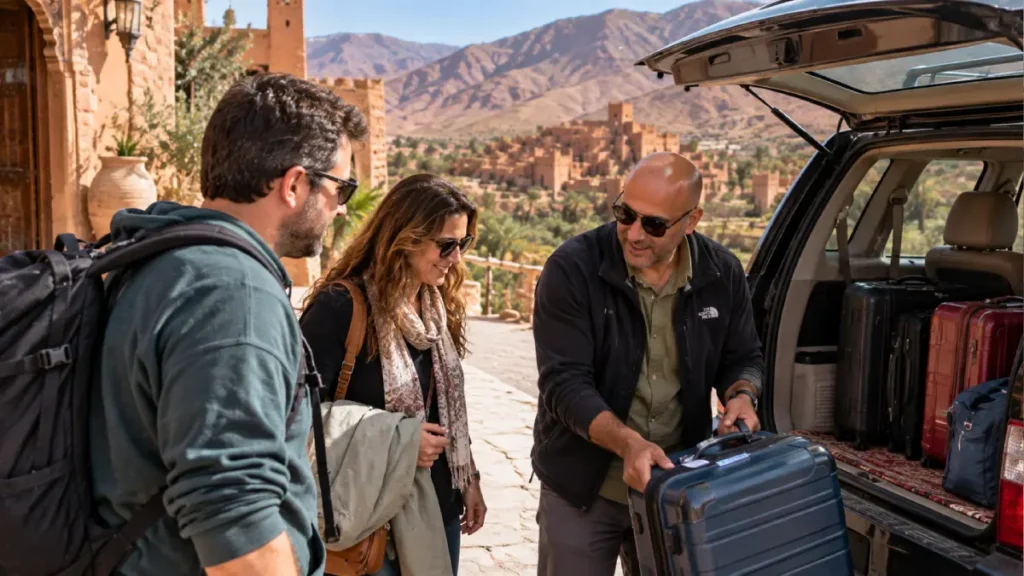Morocco private driver loading travelers luggage into a 4x4 during a multi-day road trip