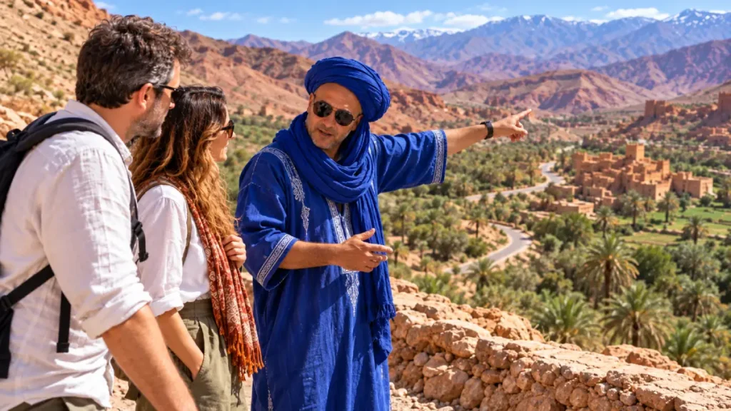 Morocco driver-guide in blue Tuareg clothing showing travelers a valley during a multi-day private tour