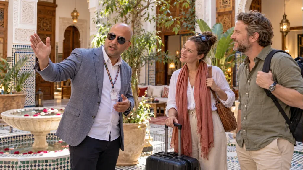 Local Morocco tour guide welcoming private travelers at a riad with their luggage