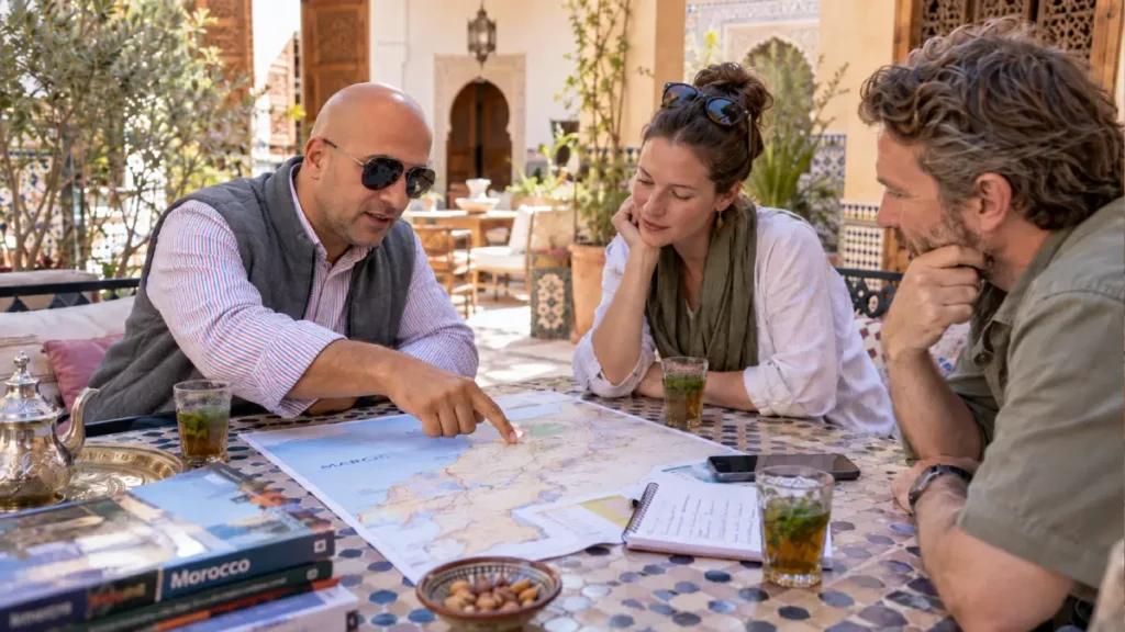Local Morocco tour operator planning a custom private itinerary with travelers over a map and mint tea