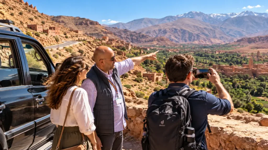 Private Morocco tour with local driver-guide and travelers stopping at a mountain viewpoint