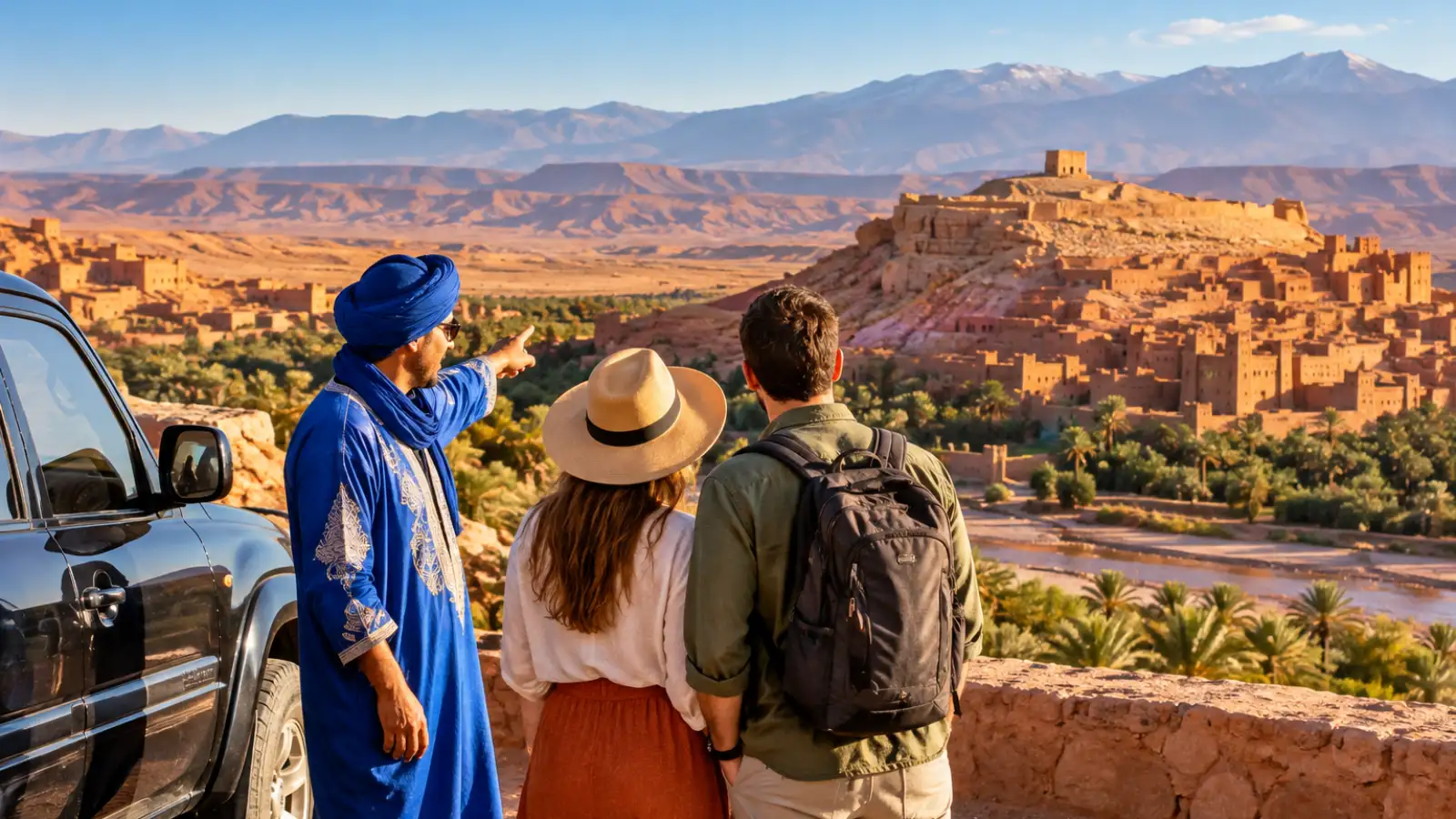 Private Morocco tour with local guide and travelers overlooking a historic kasbah and Atlas Mountains