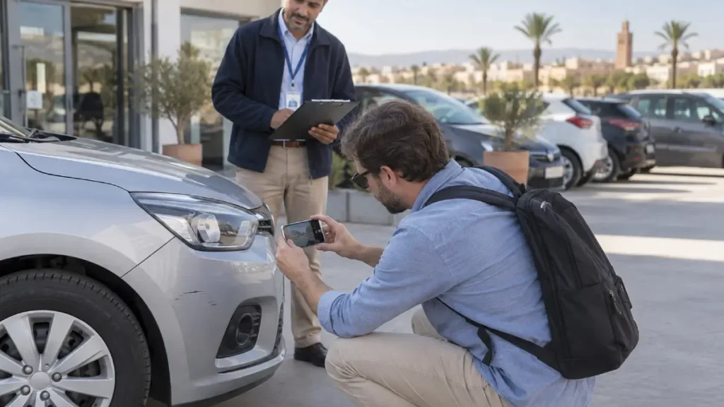 Traveler photographing existing damage on a rental car in Morocco