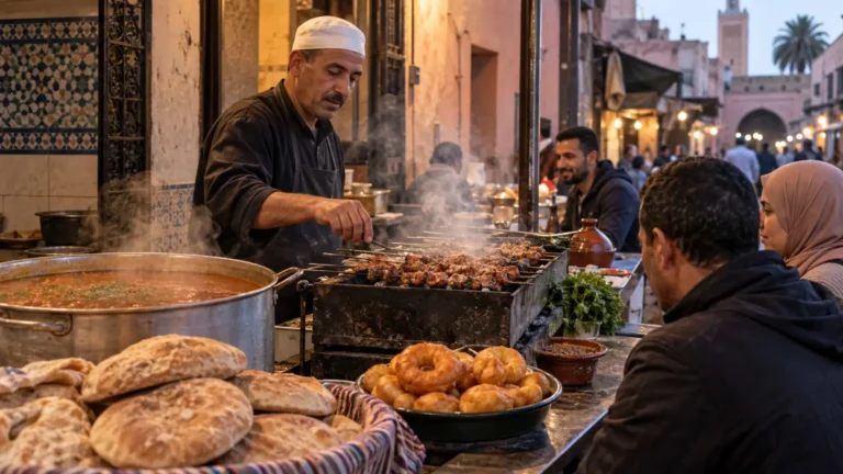 Moroccan cook grilling brochettes at a busy street-food stall