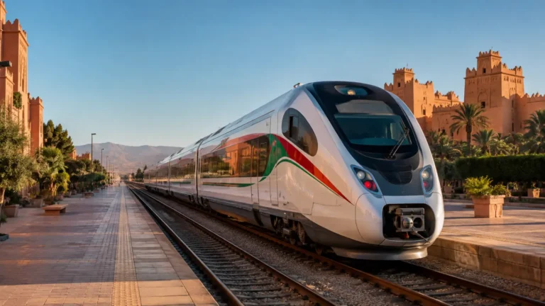 Modern passenger train at a railway station in Morocco