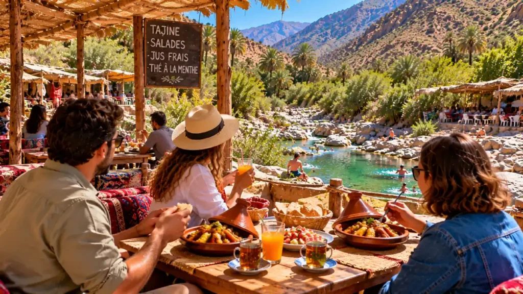 Travelers eating tagine at a simple local cafe beside the pools in Paradise Valley