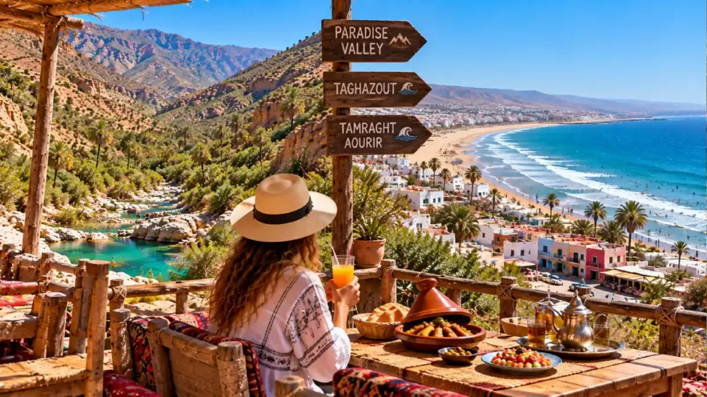 Traveler overlooking Paradise Valley and the Atlantic coast near Taghazout in Morocco