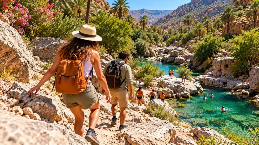 Travelers hiking down the rocky trail to Paradise Valley pools with small backpacks