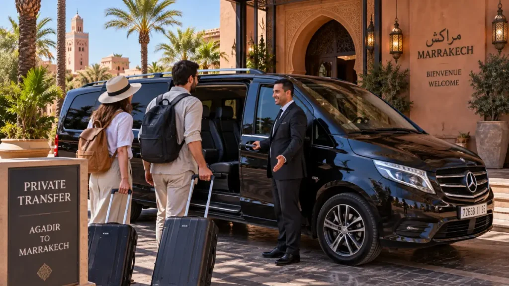Private transfer van with travelers arriving in Marrakech from Agadir