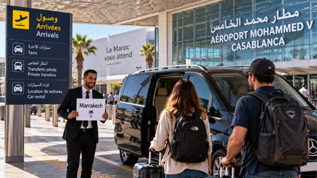 Private transfer driver meeting travelers at Casablanca Mohammed V Airport for Marrakech