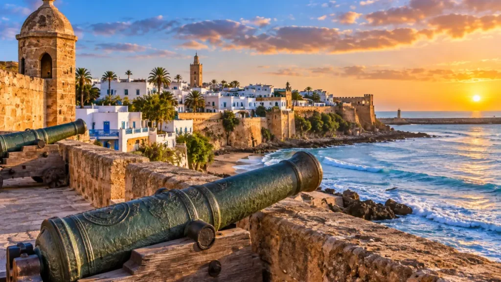 Atlantic coast beside the Kasbah des Oudayas in Rabat Morocco at sunset