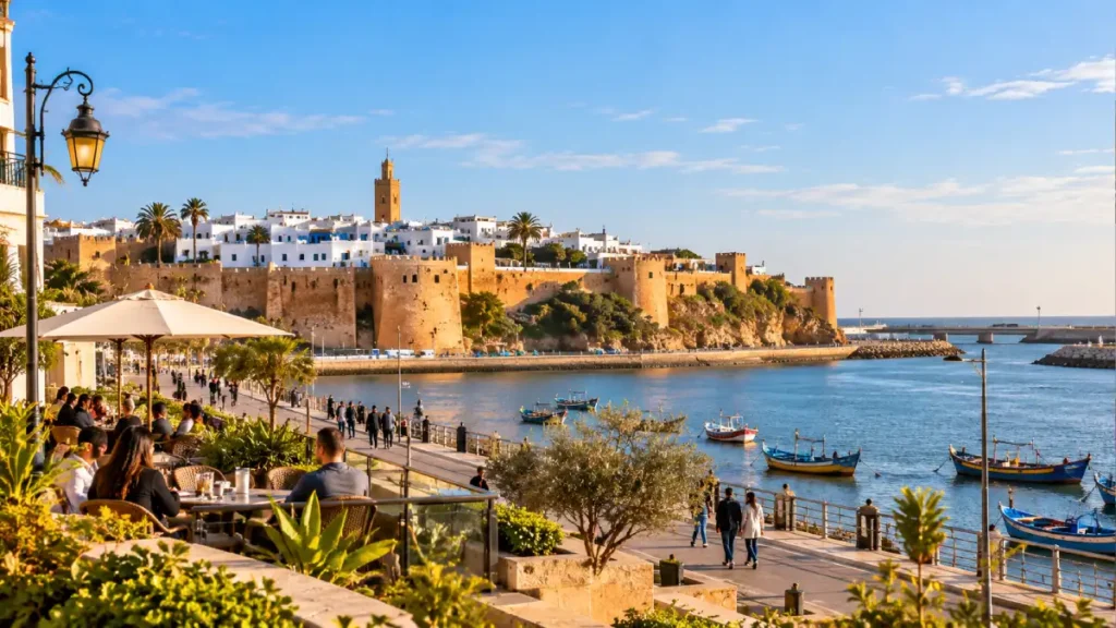 Rabat waterfront and Kasbah des Oudayas with cafés and boats