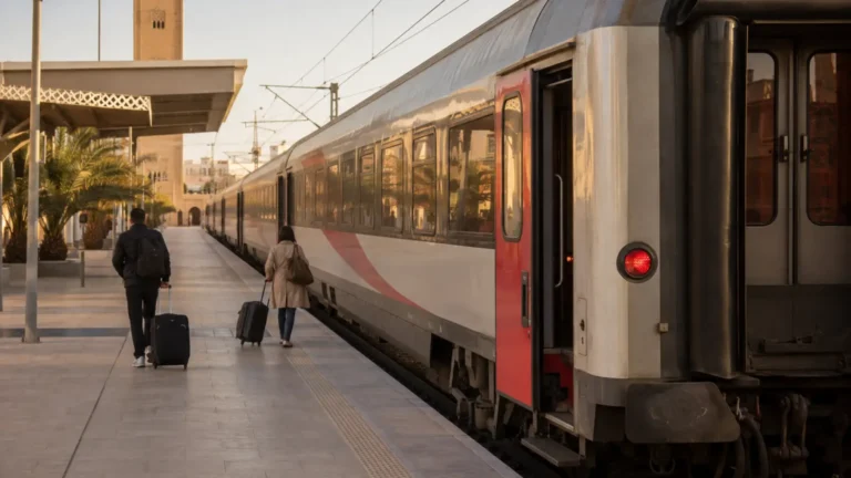 Travelers boarding an intercity train from Rabat to Marrakech