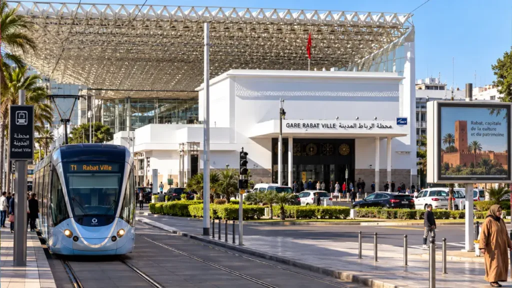 Rabat Ville train station with tram and travelers in central Rabat Morocco