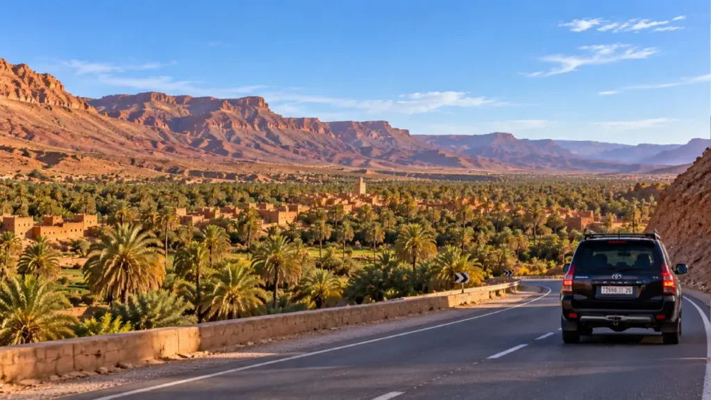 Toyota Prado driving through the Draa Valley toward Zagora in southern Morocco